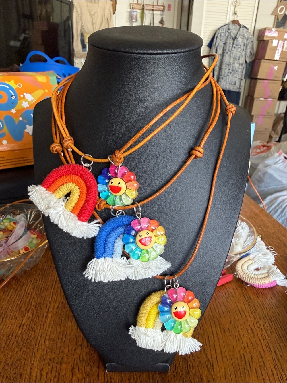 Leather Rainbow & Smiley Flower Necklace handmade by Erika EKA @Charitylane